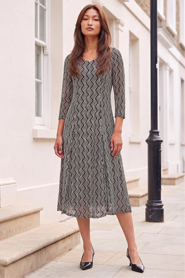 Roman Black Geo Print Mesh Midi Dress