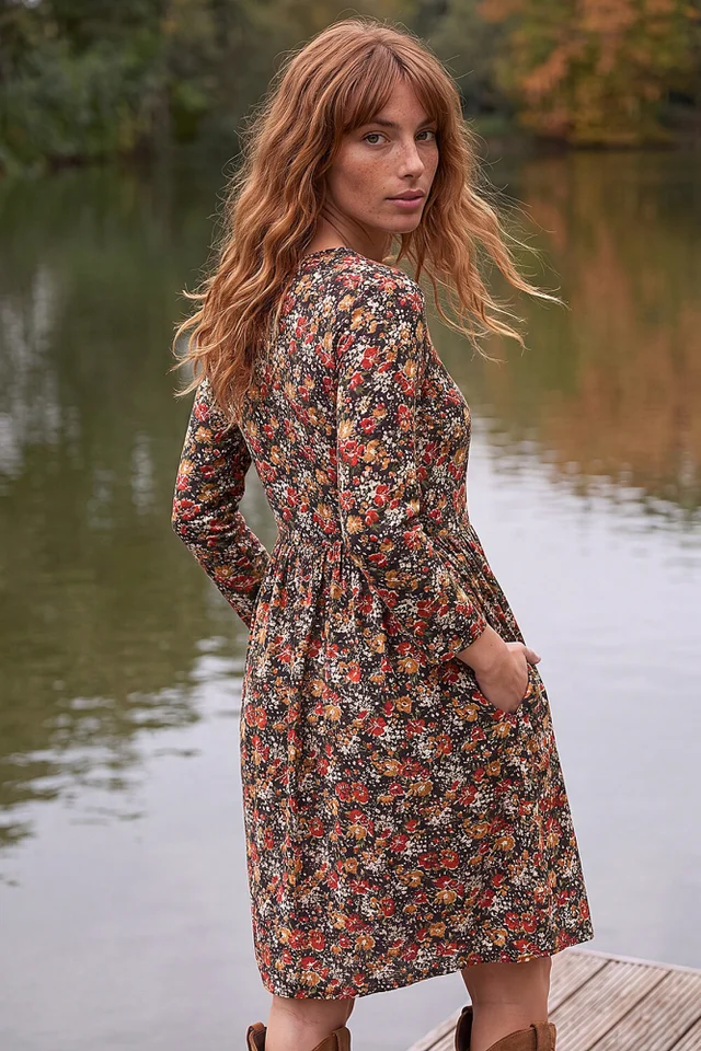 Roman Orange Floral Side Ruched Dress