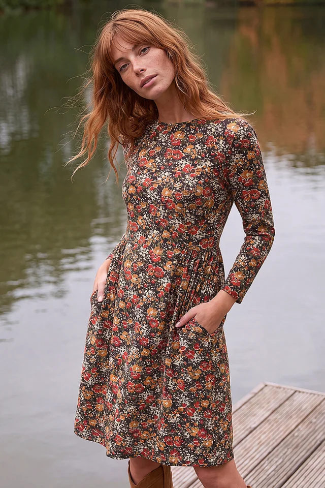 Roman Orange Floral Side Ruched Dress