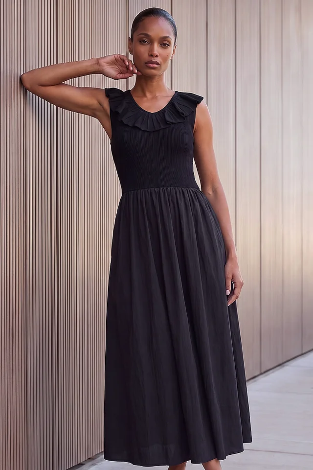 Roman Black Frill Detail Midi Dress