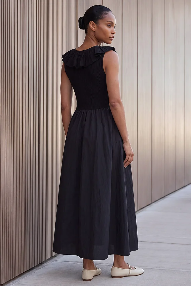 Roman Black Frill Detail Midi Dress