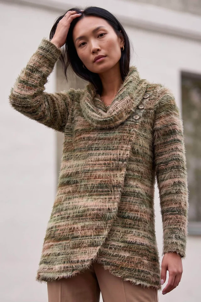 Roman Khaki Fluffy Cowl Neck Snit Tunic Top