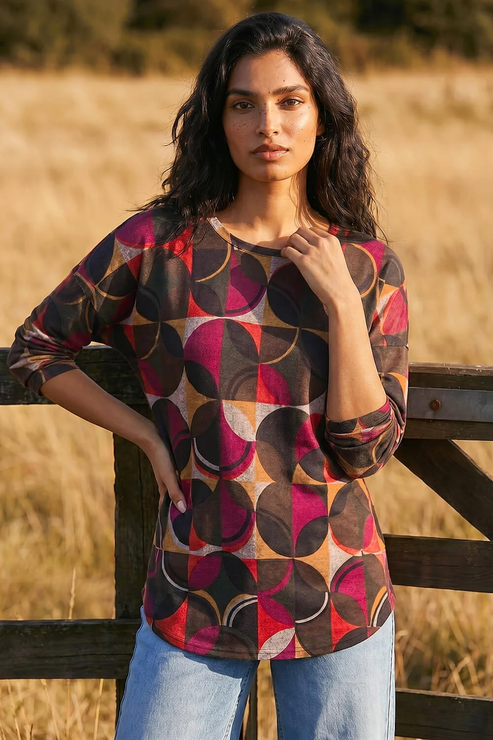 Roman Rust Geo Print Stretch Jersey Top - 12 Image 1
