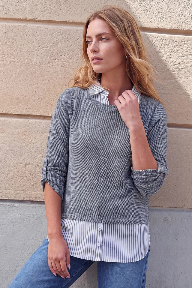 Roman Blue Mock Shirt Textured Knit Jumper