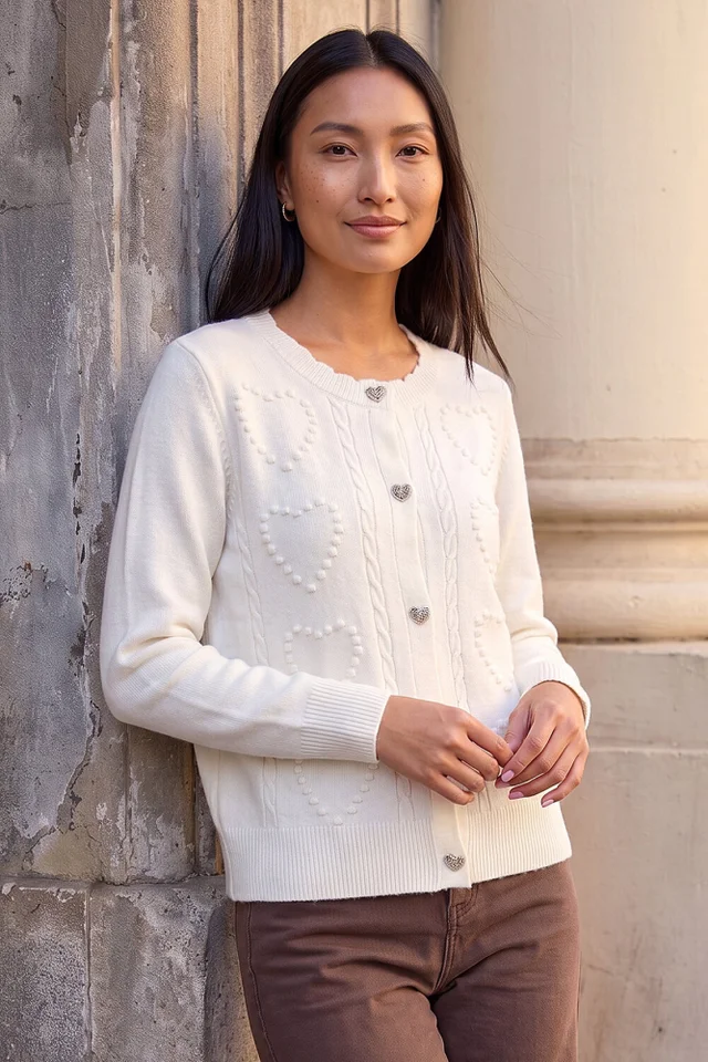 Roman Ivory Heart Stitch Knit Cardigan