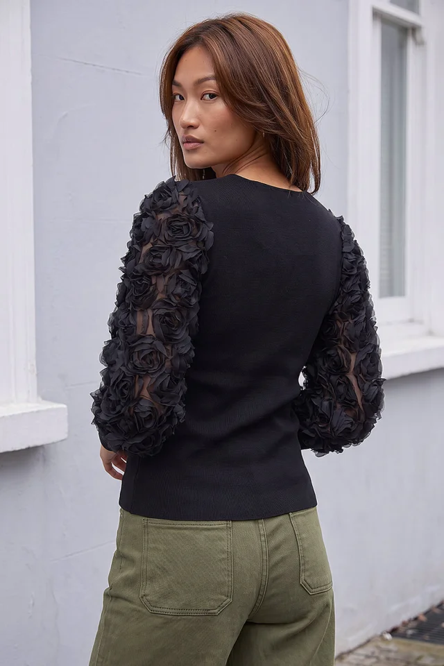 Roman Black Lace Sleeve V-Neck Knit Top
