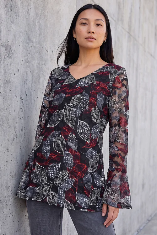 Roman Black Leaf Printed Lace V-Neck Top - 10 Image 1