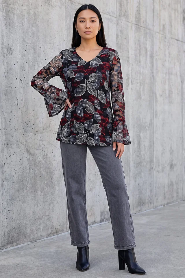 Roman Black Leaf Printed Lace V-Neck Top