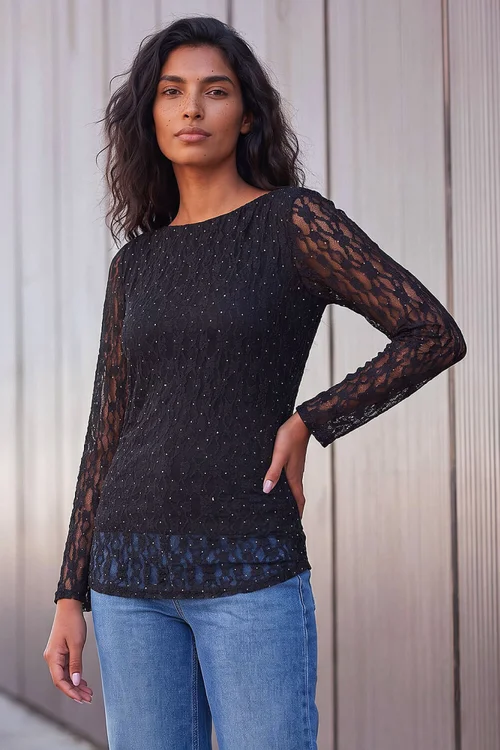 Roman Black Lace Ruched Top - 18 Image 1