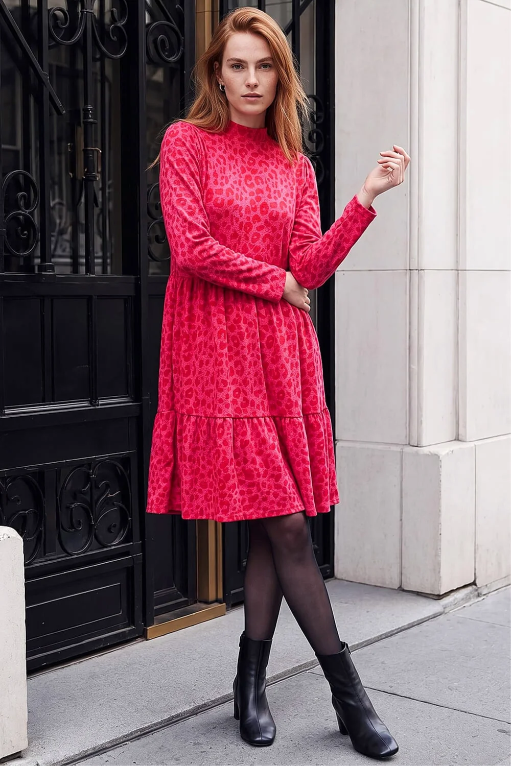 Roman Red Jacquard Leopard Print Tiered Dress - 12 Image 2