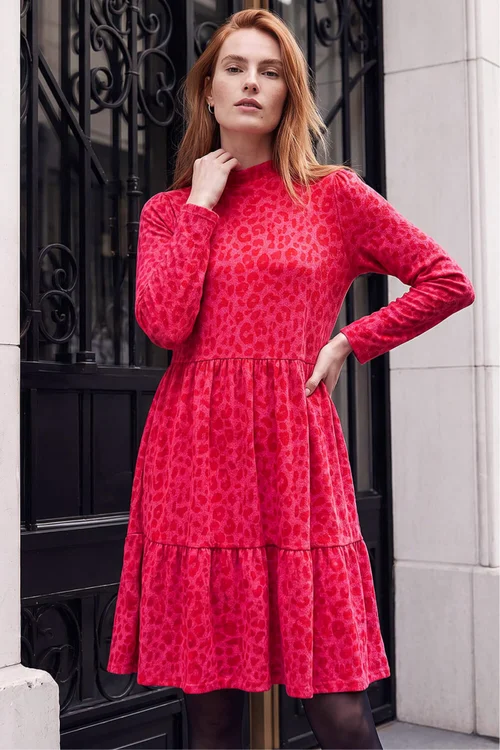 Roman Red Jacquard Leopard Print Tiered Dress - 12 Image 1