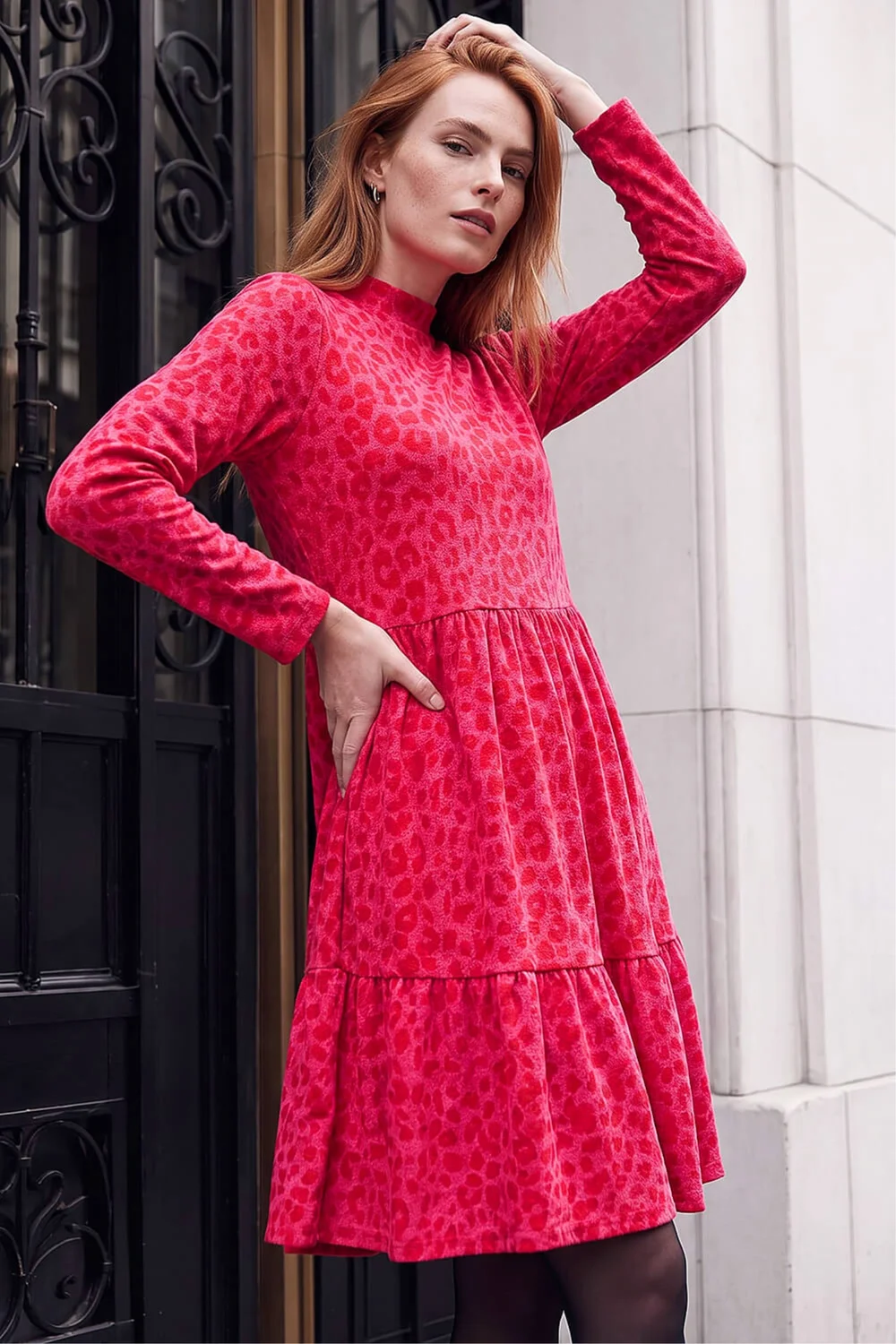 Roman Red Jacquard Leopard Print Tiered Dress - 12 Image 3