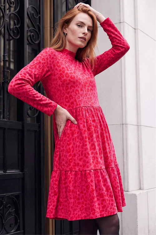 Roman Red Jacquard Leopard Print Tiered Dress - 12 Image 3