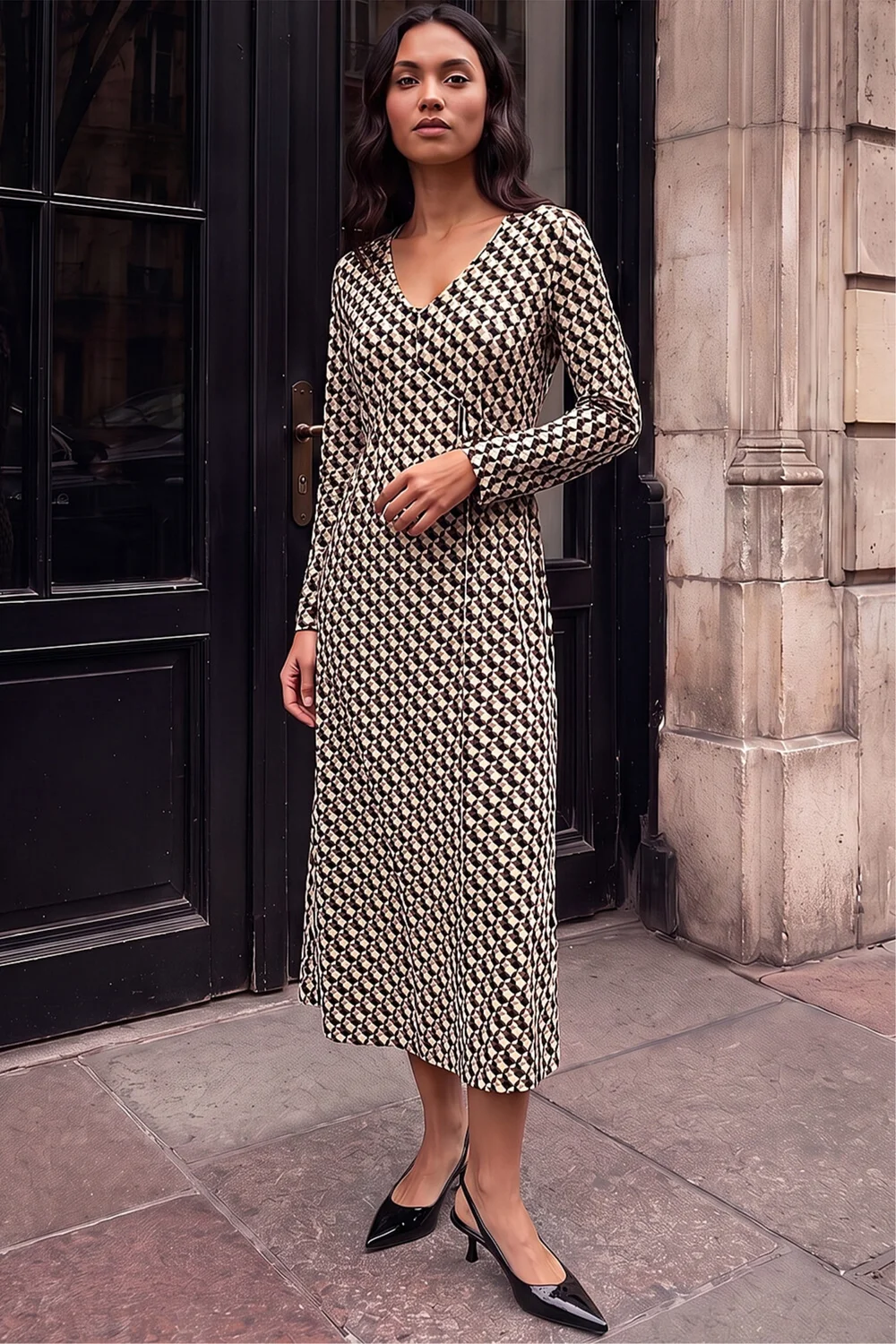 Roman Green Geometric V-Neck Midi Dress - 12 Image 1