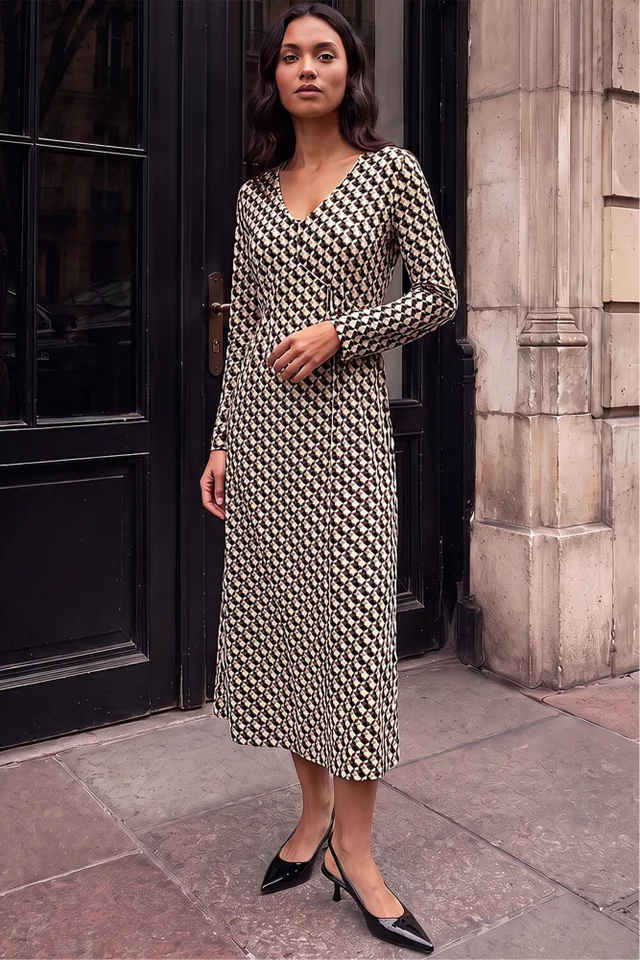Roman Green Geometric V-Neck Midi Dress