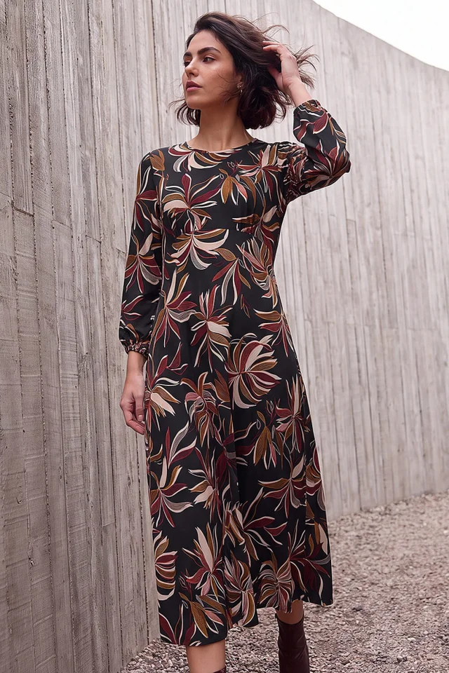 Roman Rust Leaf Print A-Line Dress
