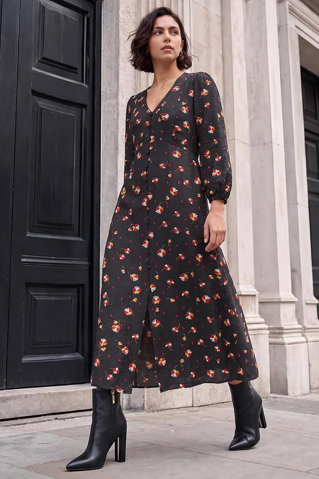 Roman Black Lace Floral Print Midi Dress