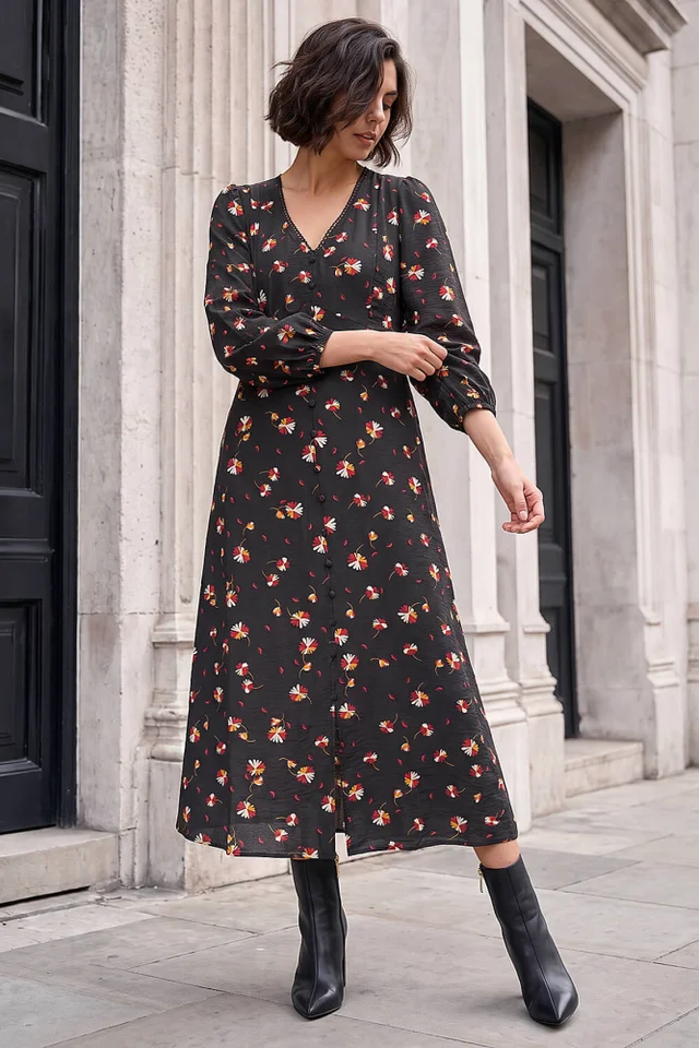 Roman Black Lace Floral Print Midi Dress