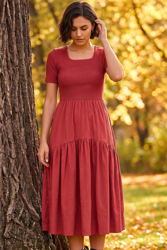 Roman Copper Knit Woven Mix Midi Dress
