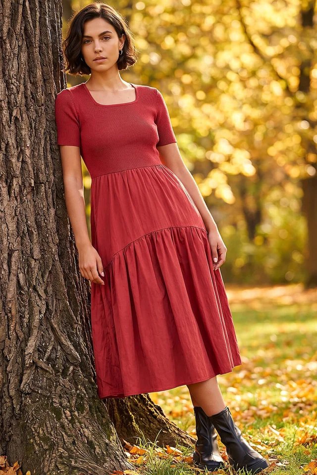Roman Copper Knit Woven Mix Midi Dress