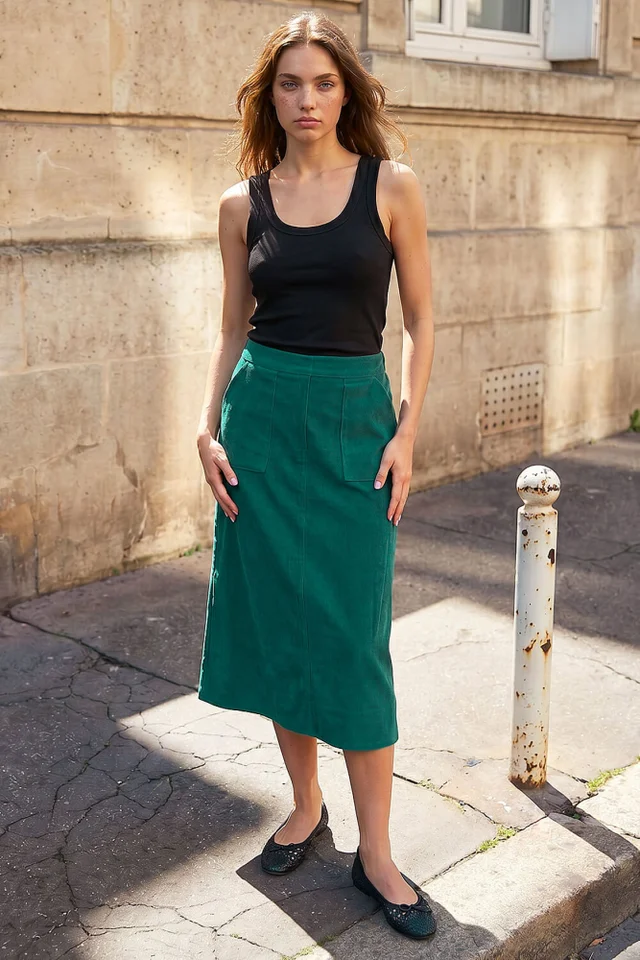 Roman Dark Green Petite Cord Pocket Skirt