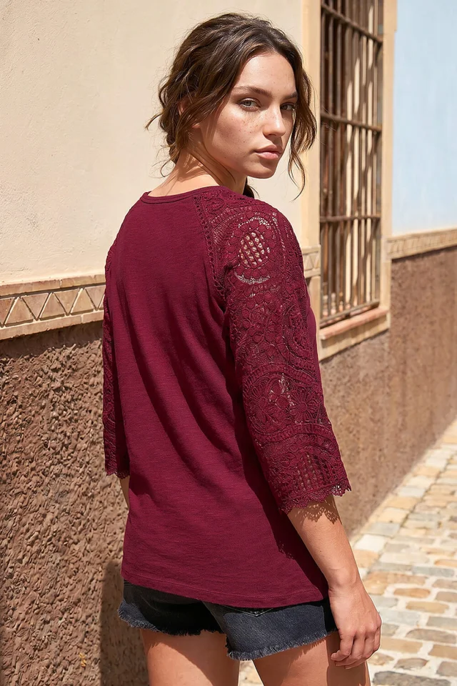 Roman Wine Petite Contrast Sleeve Top