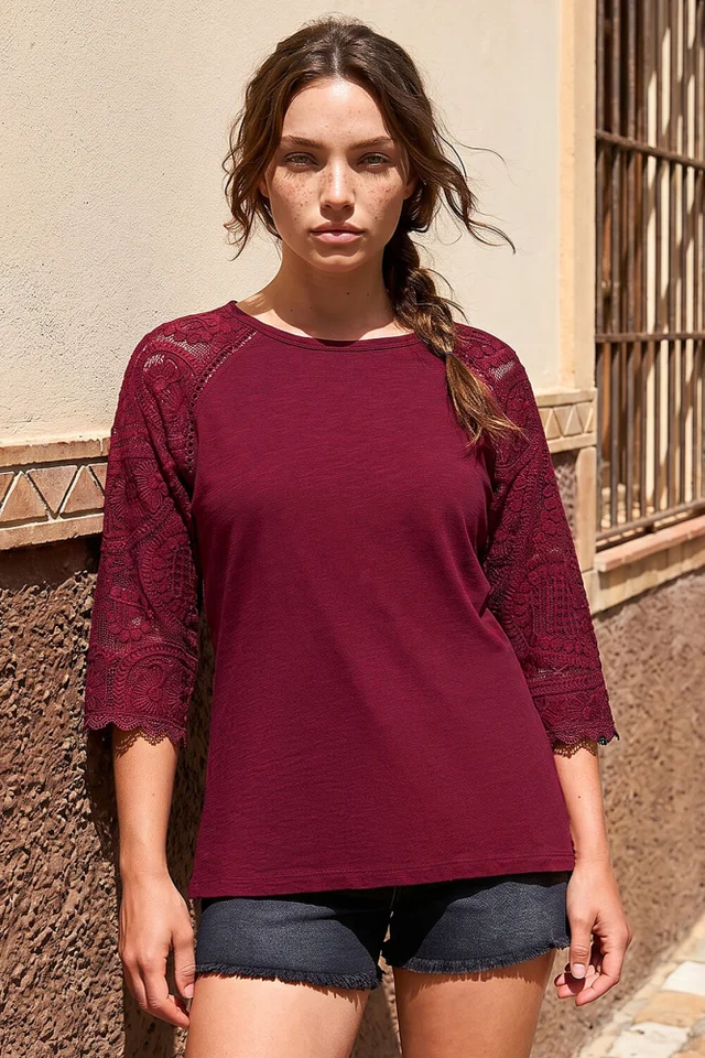 Roman Wine Petite Contrast Sleeve Top