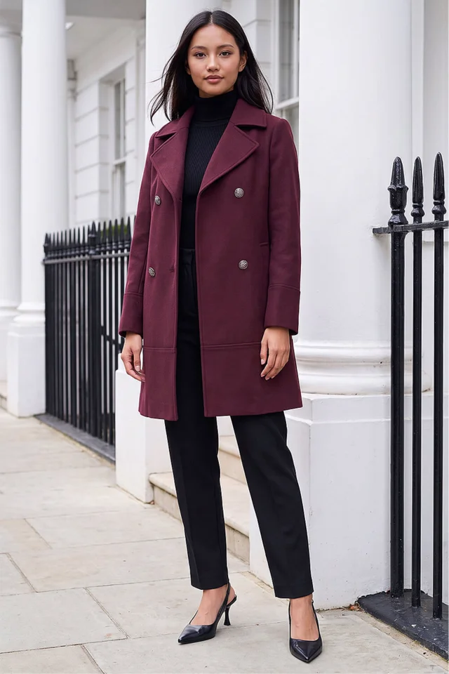 Roman Burgundy Petite Collar Double Breasted Coat