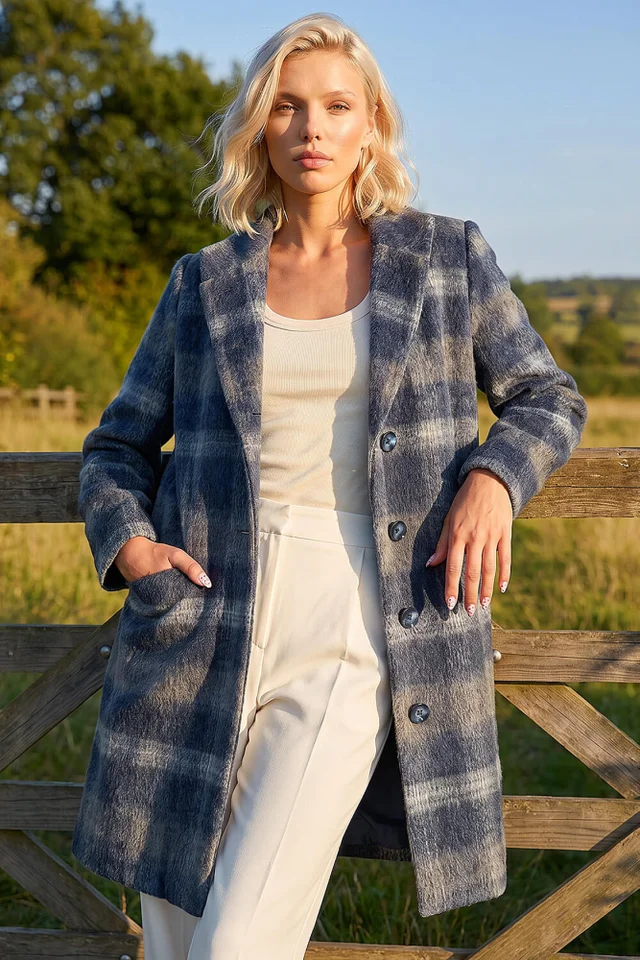 Roman Navy Petite Check Coat