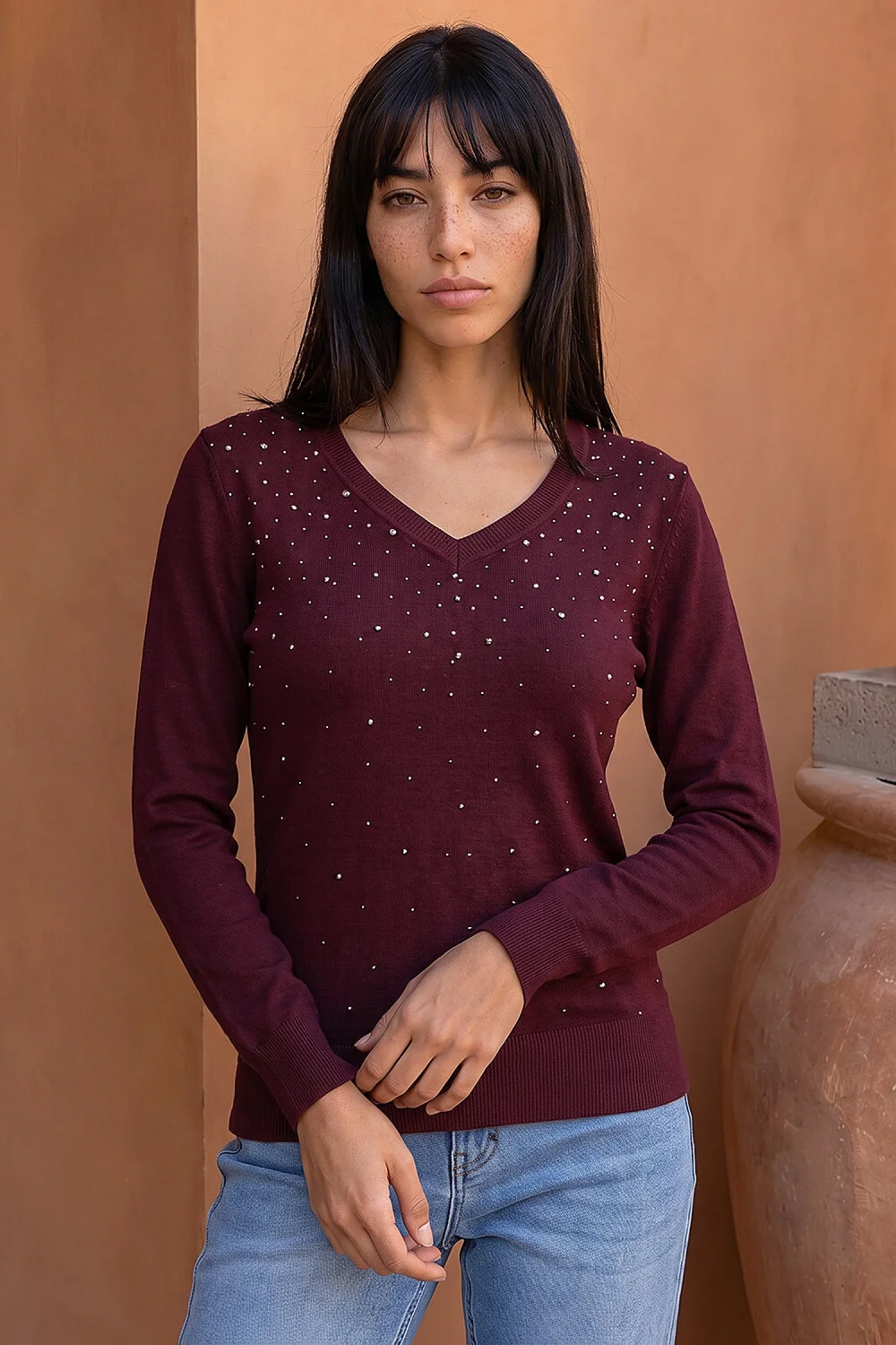 Roman Wine Petite Faux Pearl Embellished Knit Jumper - 14 Image 1