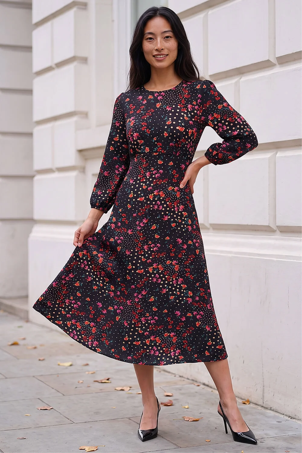 Roman Black Petite Floral Print Midi Dress - 16 Image 2