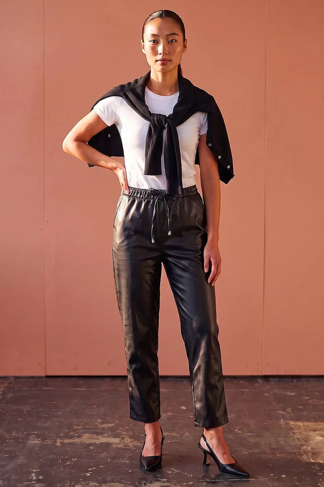 Roman Black Petite Faux Leather Textured Drawstring Trouser