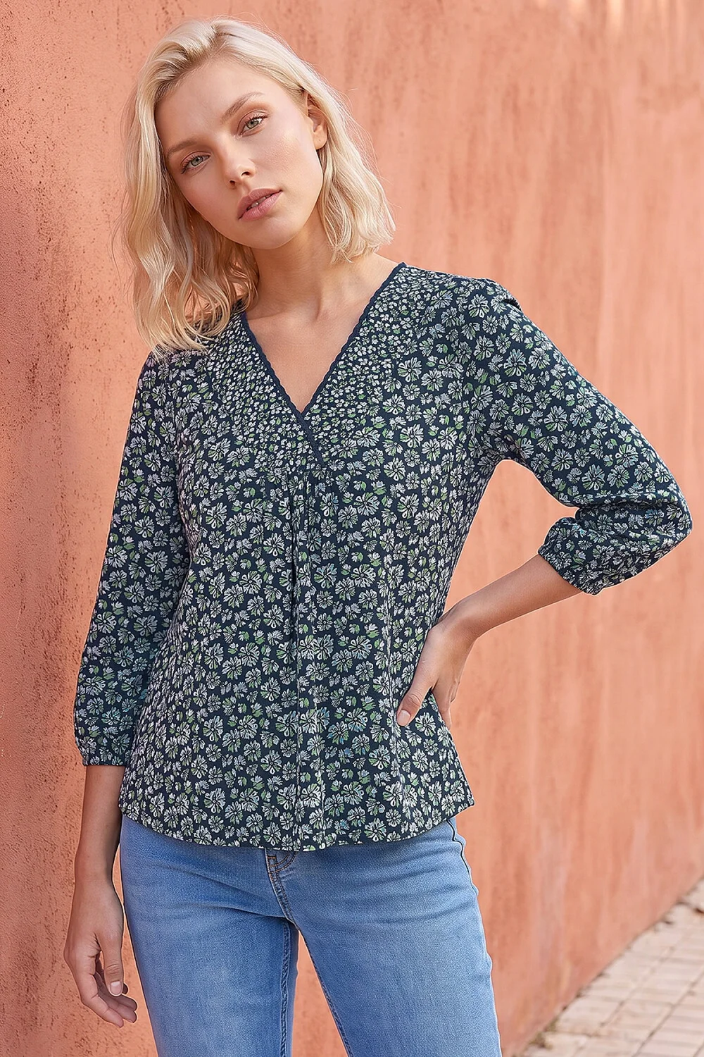Roman Navy Petite Floral Print Stretch Top - 18 Image 1