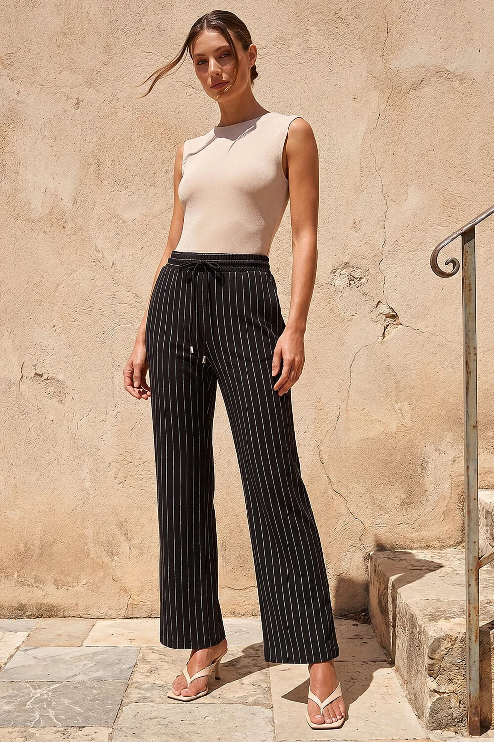 Roman Black Petite Stripe Wide Leg Stretch Trouser - 10 Image 1