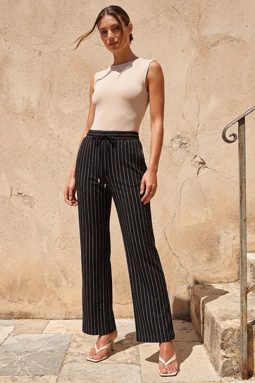 Roman Black Petite Stripe Wide Leg Stretch Trouser - 10 Image 1