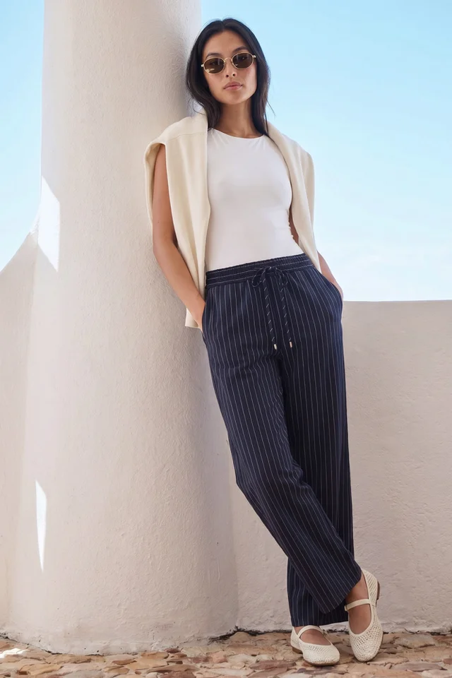 Roman Navy Petite Stripe Wide Leg Stretch Trouser