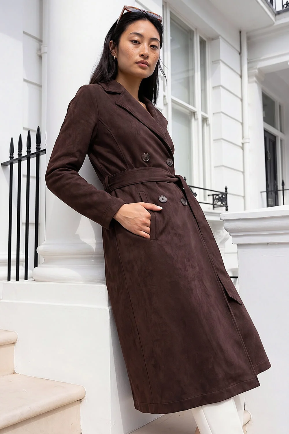 Roman Dark Brown Petite Faux Suede Trench Coat - 18 Image 1