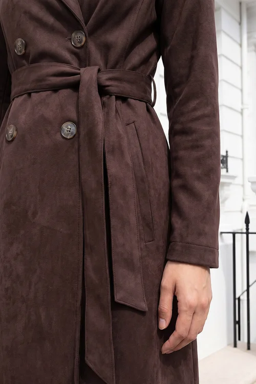 Roman Dark Brown Petite Faux Suede Trench Coat - 18 Image 4