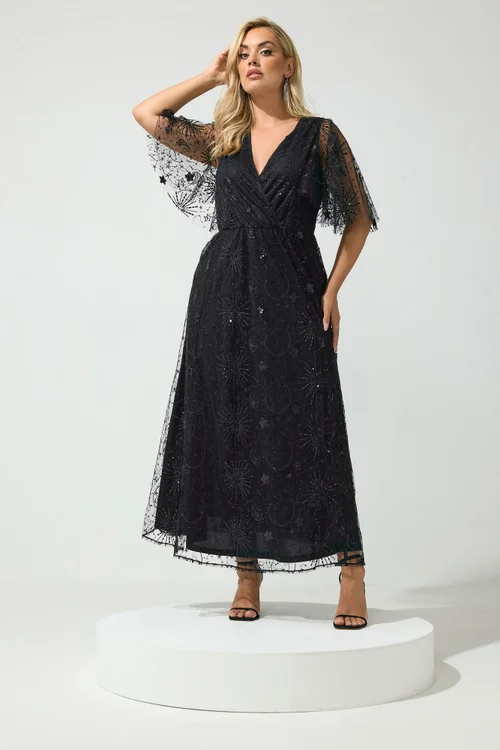 Yours London Curve Black Celestial Sequin Maxi Dress - 18 Image 1