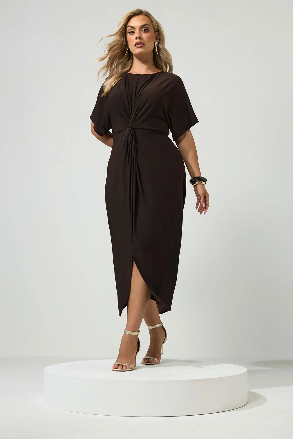 YOURS LONDON Curve Chocolate Brown Knot Front Dress - 22 Image 3