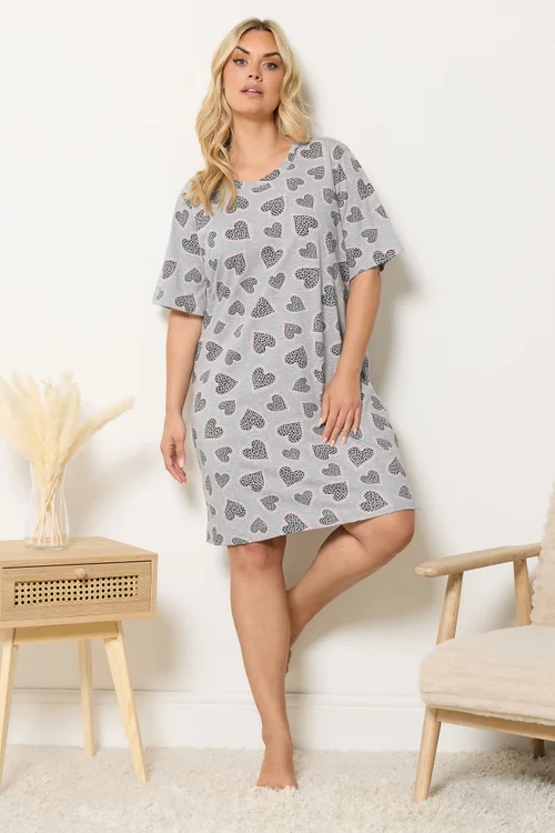 Yours Curve Grey Cluster Heart Print Nightdress - 38-40 Image 2