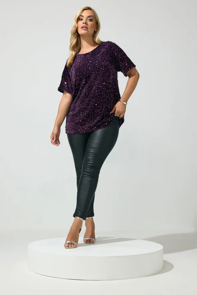 Yours London Curve Purple Sequin Velvet T-Shirt