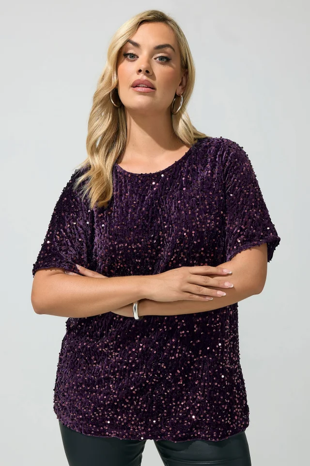 Yours London Curve Purple Sequin Velvet T-Shirt