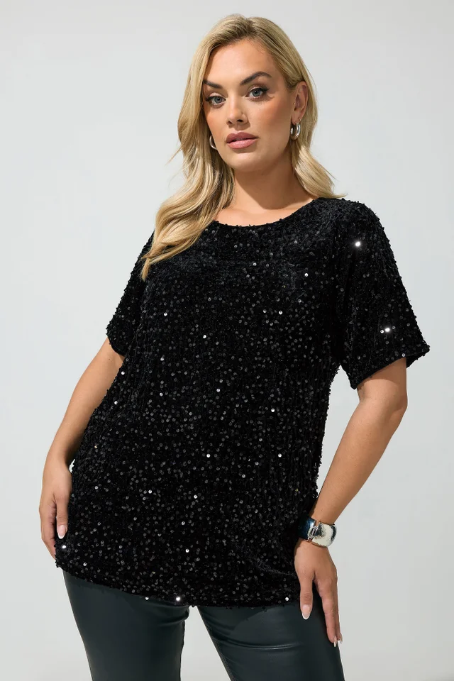 Yours London Curve Black Sequin Velvet T-Shirt