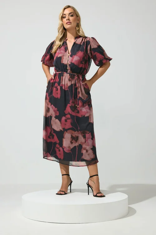Yours London Curve Red Blurred Floral Puff Sleeve Dress - 18 Image 1