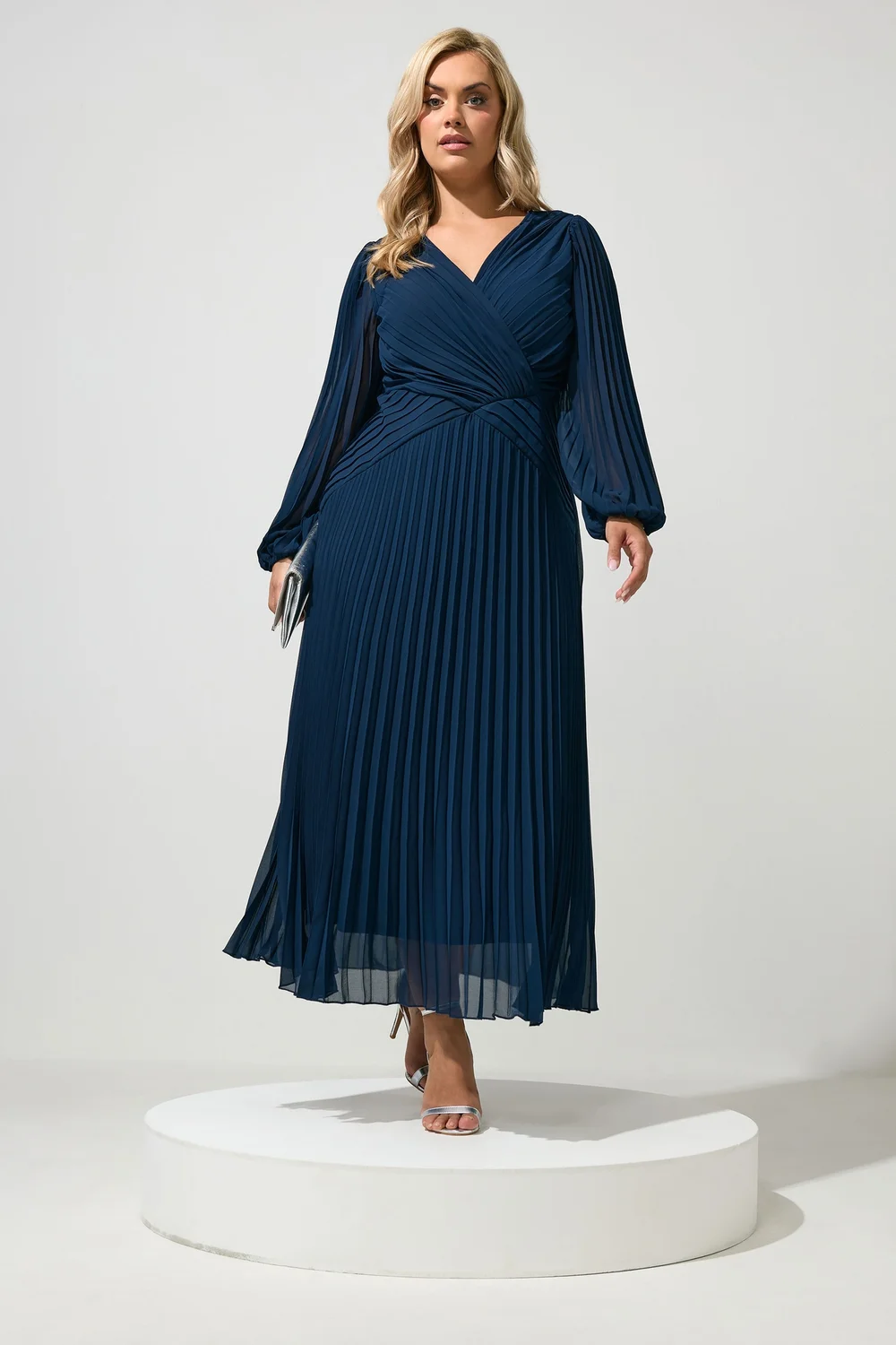 Yours London Curve Navy Blue Pleated Dress - 22 Image 2