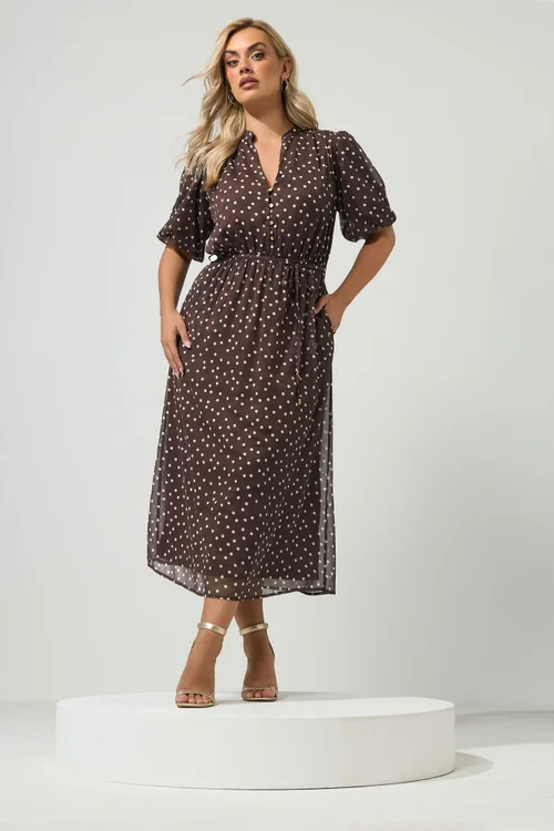 Yours London Curve Chocolate Brown Polka Dot Puff Sleeve Dress - 14 Image 2
