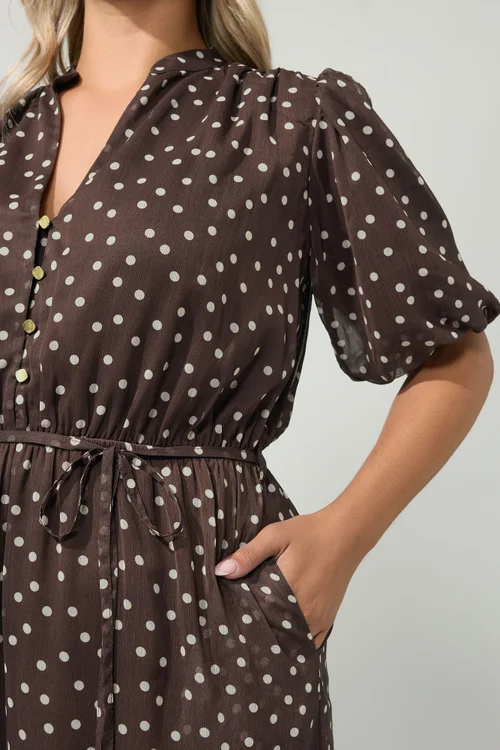 Yours London Curve Chocolate Brown Polka Dot Puff Sleeve Dress - 14 Image 4