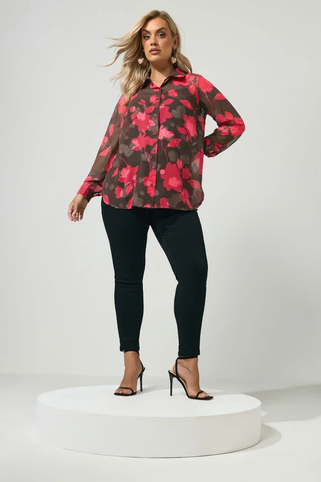 Yours London Curve Chocolate Brown & Pink Jacquard Shirt