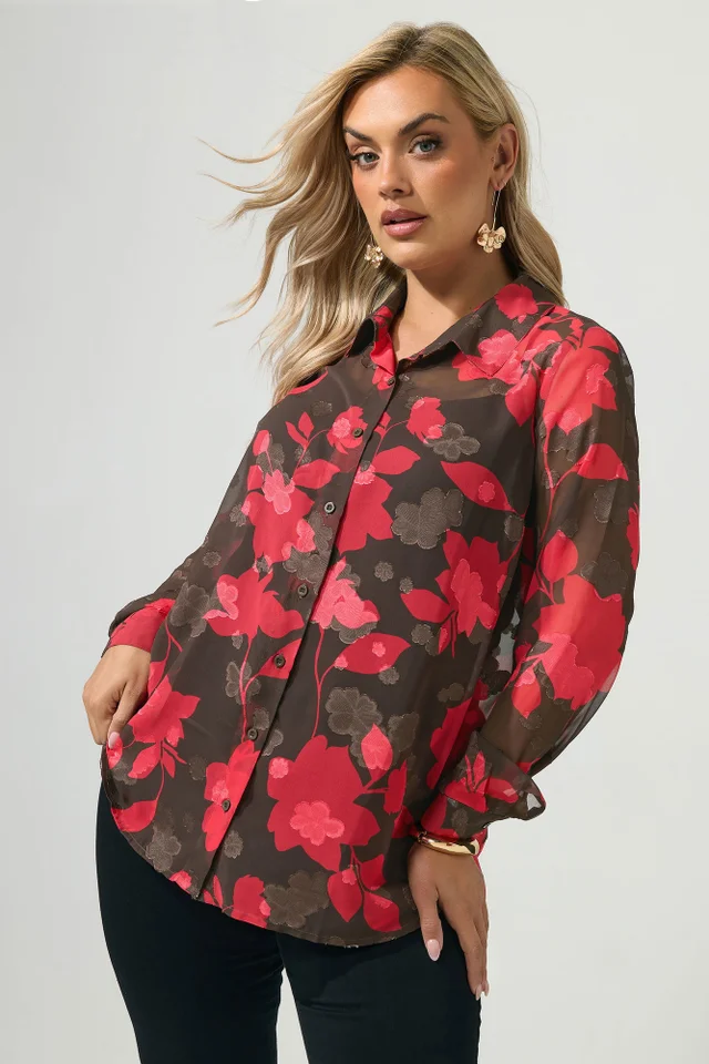 Yours London Curve Chocolate Brown & Pink Jacquard Shirt